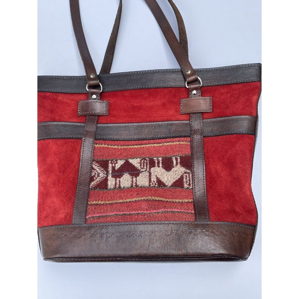 Bolivian VTG BOHO Red Suede Brown Leather & Tapestry Zipper Tote Purse Bag